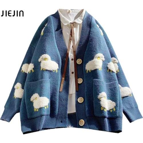 Sheep Knitted Cardigan Korean New Cartoons Cute Sweater Coat Autumn Winter Loose Streetwear Cartoon Print Knit Cardigans 3XL