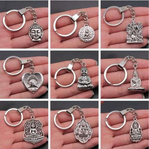 Factory Price Buddhism Buddha Pendant Key Ring Metal Chain Antique Silver Color Men Car Gift Souvenirs Keychain Dropshipping