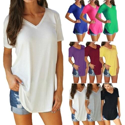 Casual Tees Shirt White Top 2021 Summer T-Shirt Women Fashion V-Neck Large Size Tees Ladies S- Solid Color Black