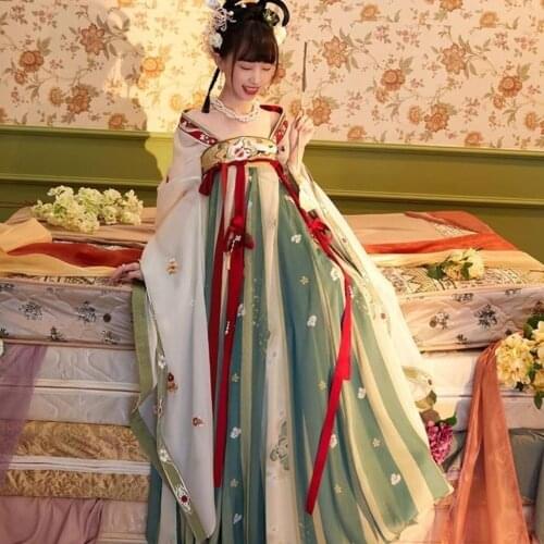 Female Loose Hanfu Suit Embroidered Adult Summer Bust-Length Green Fairy Cosplay Costume Novelty Satin Performance Clothing