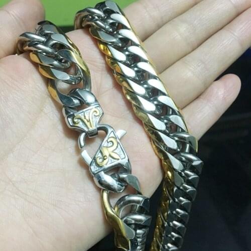 13/16MM Trendy Stainless Steel Silver Color&Gold Cut Cuban Curb Chain Jewelry Mens Necklace Or Bracelet Bangle 7-40" Xmas Gift