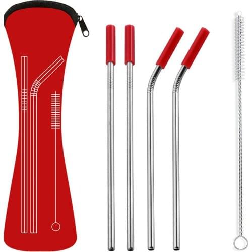 4 PCS/Lot Colorful Reusable Drinking Straw 304 Stainless Steel Metal Sturdy Bent Straight Drinks Straw with Cleaner Brush