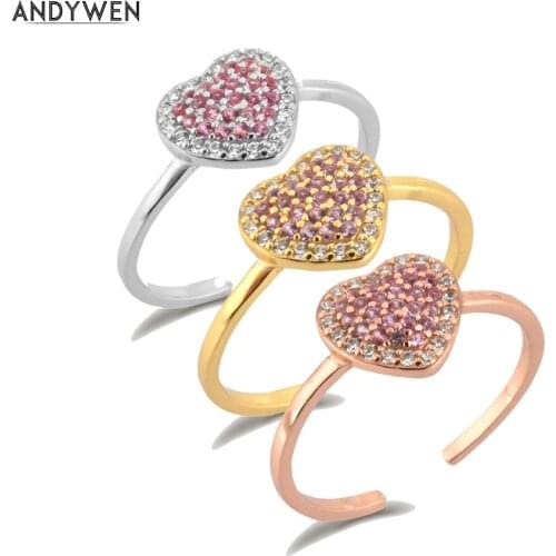 ANDYWEN 925 Sterling Silver Gold Heart Zircon Love Resizable Ring Adjustable Women Valentiens Gift Pave Big Heart Open Jewels
