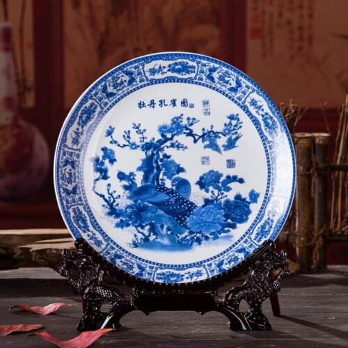 Antique Inmitation Artistic Blue and White Porcelain Decoration Plate / Dish with Printed Peony and Peacock Painting