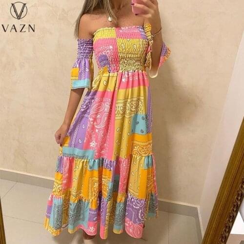 VAZN 2021 Hot Bohemian Chiffon Holiday High Waist Braid Long Dress Sexy Young Strapless Half Sleeve Women For Evening Robe