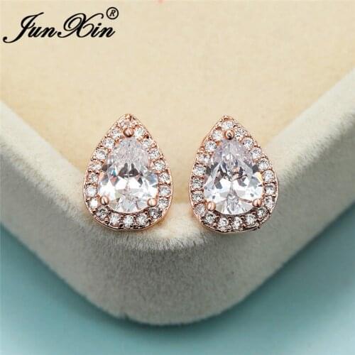 Dainty Pear Cut White Zircon Wedding Ear Studs White Gold Rose Gold Water Drop Crystal Stone Stud Earrings For Women Jewelry Cz