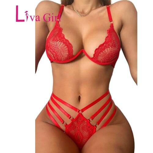 LIVA GIRL Woman Lace Crisscross Back Bralette Lingerie Set Female Sexy Triangle Bra & Lace-up Thong Set Ladies Solid Underwear