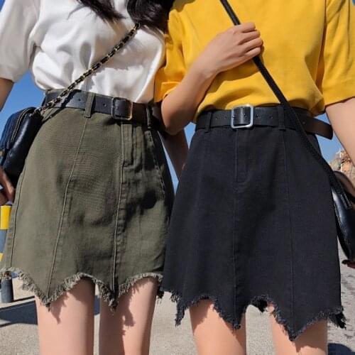 Plus Size 3XL 4XL Young Girls Irregular Raw Hem Denim Skirt Fashion Women Do Old Skirts Summer Black Army Pocket Pencil Skirts