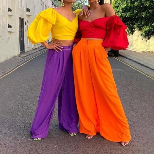 LIYONG Solid Elegant Two-piece Set Women Summer Sexy Crop Top And Pants Puff Sleeves Backless V Neck Female Party Sets 2021