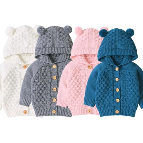 Cute Ear Baby Boy Girl Sweater Atumn Winter Hooded Knitted Tops Clothes Cable Warm Solid Children Coat Outerwear Jacket Costume