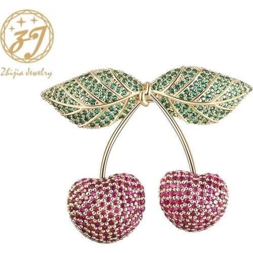 Zhijia Fashion Shiny Rhinestone Crystal Cherry Pins Brooches For Women Dress Party Jewelry Gifts Wedding Accessories