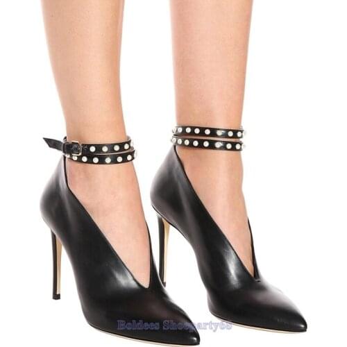 Fashion Black Patent Leather Crystal Beads Ankle Wrap Pointed Toe Deep V Pumps With Feminine Party Dress Shoes Thin High Heels