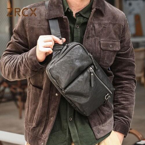 ZRCX Mens Chest Bag Leather Messenger Bag Casual Mens Genuine Leather Shoulder Bag Chest Bag