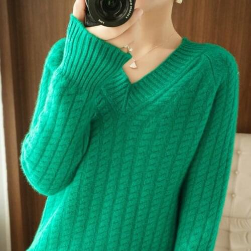 New Cashmere Autumn And Winter Sweater Womens V-Neck 100% Pure Wool Pullover Plus Size Warm Knitted Bottoming Knitted Outwear