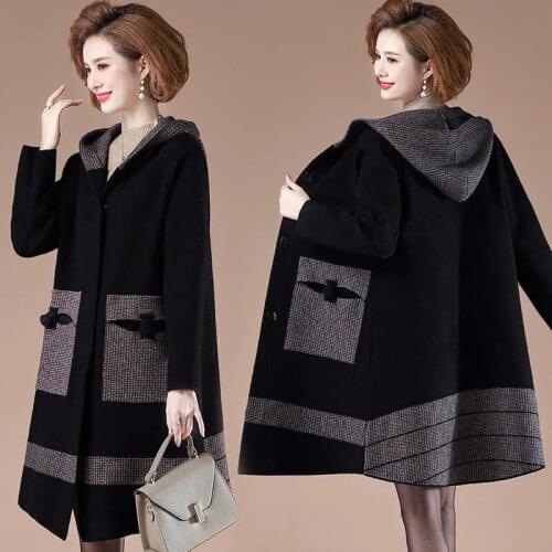 Autumn Winter New Women Jacket Sweater Middle Aged knitting Thicken Hooded Womens Coat Mid-Long Loose Female Overcoat TopsR1437