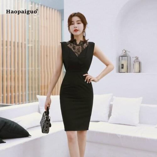 Women Pencil Dress Summer Black Sleeveless Stand Lace Knee-length Vintage Office Lady Dress Elegant Ladies Dresses Moda Mujer