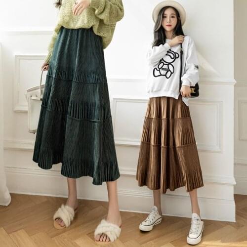 Gold velvet pleated skirt women autumn and winter 2021 new elastic waist mid-length corduroy long skirt umbrella skirt women