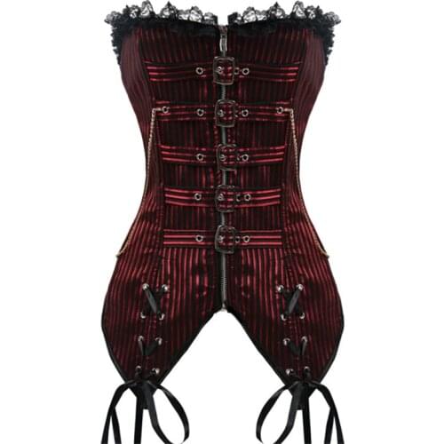 Striped Black Red Steampunk Corsets and Bustiers Women Buckle Zipper Burlesque Bodice Overbust Korse Gothic Waist Trainer Corset