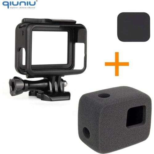 QIUNIU Standard Frame Mount + Windshield Foam Wind Noise Reduce Sponge + Camera Lens Cap for GoPro Hero 5/6/7 Go Pro Accessories