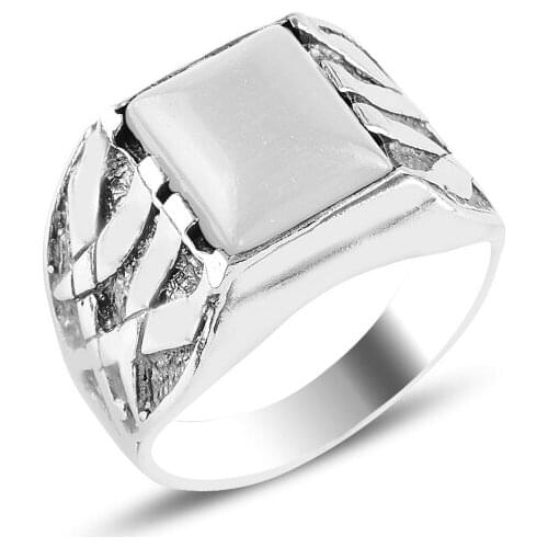 Silverlina Silver Mesh Pattern White Cat 'S Eye Stone Oxidized Ring