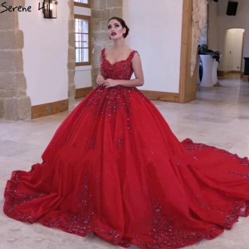 Serene Hill Red Sleeveless Sexy Wedding Dresses 2020 Dubai High-end Beading Pearls Bride Dress HA2440 Custom Made