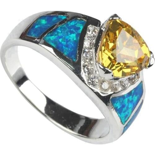 SHUNXUNZE Punk Wedding rings jewelry for women dropshipping Blue opal and Yellow Cubic Zirconia Rhodium Plated R746 size 6 7 8 9