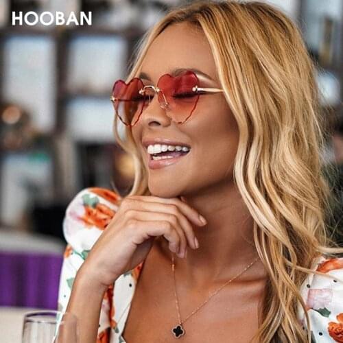 HOOBAN 2020 Fashion Heart Shape Women Sunglasses Brand Designer Lovely Rimless Sun Glasses For Female Vintage Pink Ladies Shades