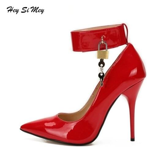 Womens Pumps Shoes Sexy Thin Heel High Heels 12CM Pointed Toe Pumps Women Shoes Fashion Padlock Stitching Shoes Large Size 48