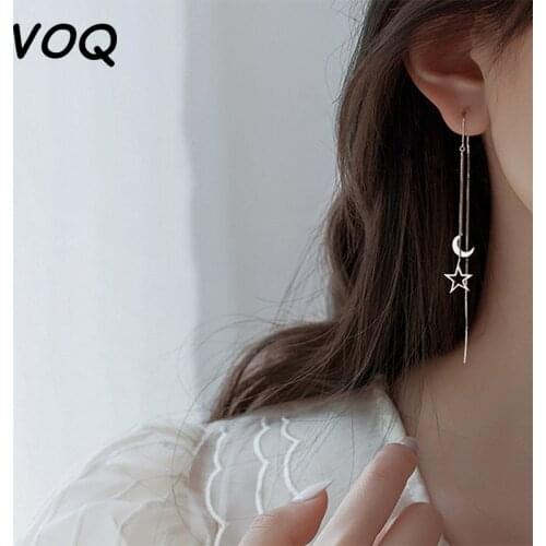 VOQ 925 Sterling Silver Moon Stars Tassel Earrings Charm Women Asymmetry Jewelry New Fashion Elegant Party Accessories Gift