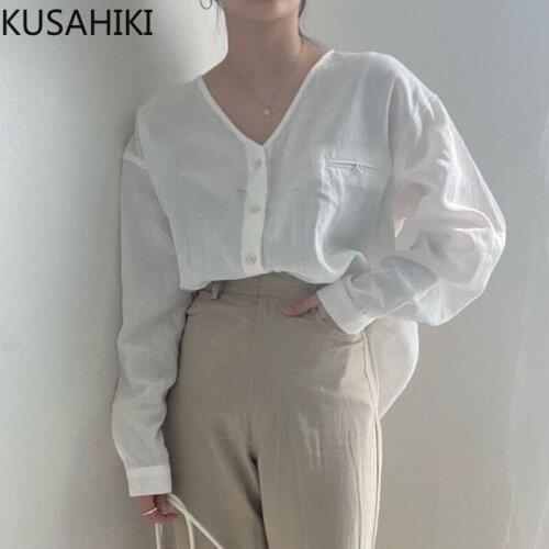 KUSAHIKI Causal V-neck Long Sleeve Blouse Shirt Fashion Clothes Woman 2021 Autumn Womens Tops Korean Elegant Camisas Mujer 6L293