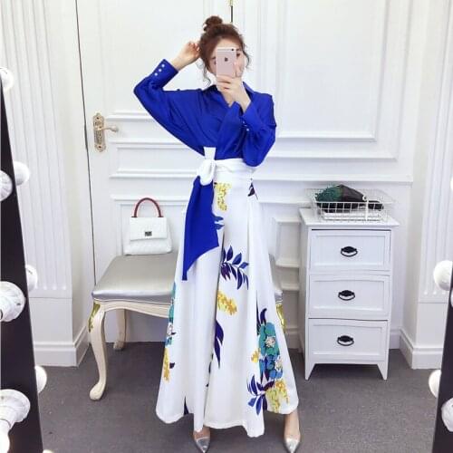 High-end Women Summer Set Blue Bat sleeve Shirt Top + Wide-leg Pants Print Elegant Lady Casual Suit 2 Pieces Set Female S-XL