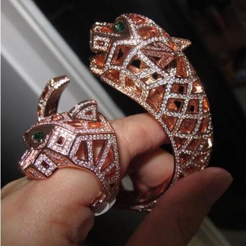 Rose Gold Color Leopard Head Bangle with Ring Cubic Zirconia Stone Animal Panther Bracelet For Women Copper Party Jewelry Set