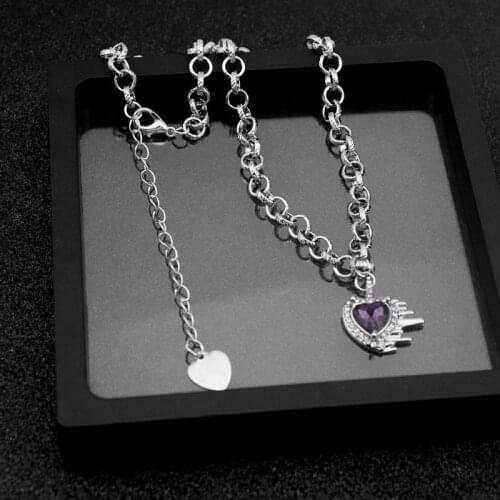 Purple Crystal Heart Charm Pendant Necklace Alloy Jewelry Statement Necklaces For Women Girl Rhinestone Accessories Couple Gift