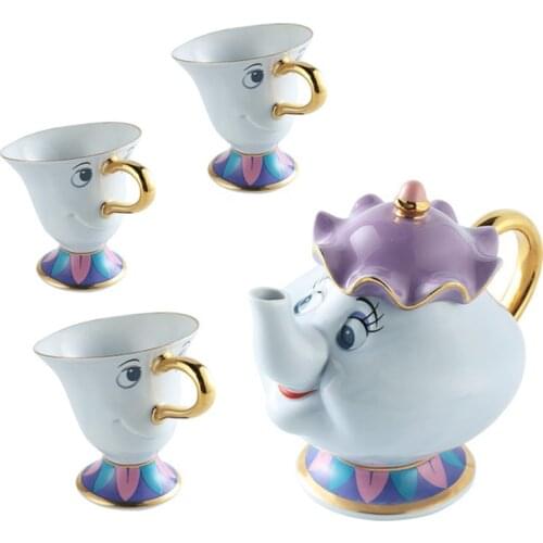 1 POT + 3 CUPS Cartoon Beauty And The Beast Coffee Pot Cup Mug Mrs Potts Chip Kettle Mark Porcelain 18K Gold-plated Ceramic Gift