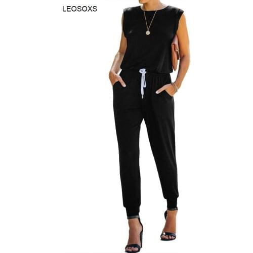 2021 Summer Womens 2021 New Round Neck Sleeveless Jumpsuit Fashion Casual Solid Color Waistband Jumpsuit Female