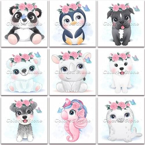 New Diamond painting Cartoon Animals Flower panda penguin dog 5D DIY Full Square Drill embroidery Cross stitch Round mosaic 185