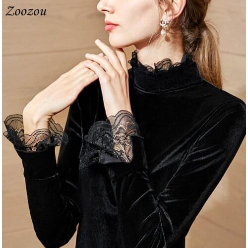 Hollow Out Lace Patchwork Vintage Tops Women Flare Long Sleeve Winter Warm Blouses Ladies Elegant Slim Basic Casual Pullover Top
