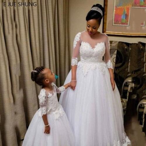 E JUE SHUNG White Lace Appliques Ball Gown Wedding Dresses 3/4 Sleeves Beaded Bride Dresses Cheap Wedding Gowns robe mariee