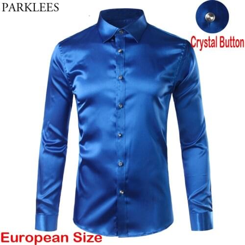 Luxury Royal Blue Satin Shirt Men 2020 Brand Crystal Button Dress Shirts Mens Long Sleeve Wedding Prom Tuxedo Shirts Chemise 3XL