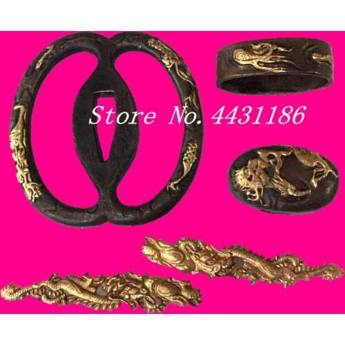 A Set Dragon Theme Accessory Fitting Tsuba For Japanese Sword Samurai Katana Saber Brass parts Metal Crafts