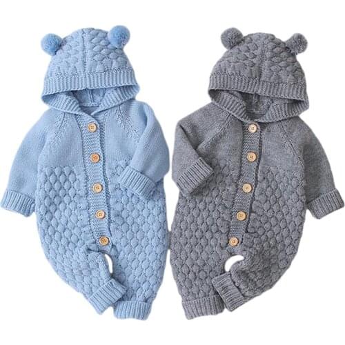 2020 New fashion Autumn Winter Baby Rompers Cute Ears Hooded Knitwear Infant Girl Boy Jumpsuit Kids Baby Outfits Clothes 0-2Y