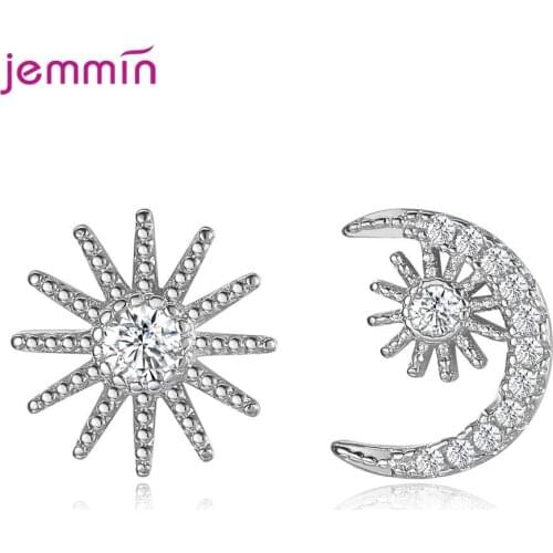 Top Quality 925 Sterling Silver New Woman Crystal Zircon Gold Silver Asymmetric Star Moon Interstellar Stud Earrings Jewelry