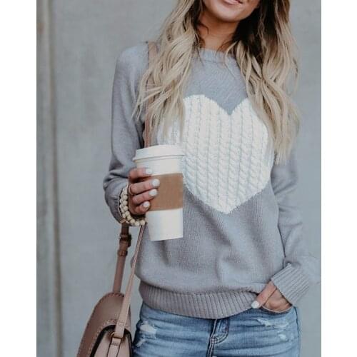 Autumn Winter Women Casual Patchwork Pullovers Women O-neck Knitted Sweaters Heart Cute Long Sleeve Pullover Knitting Sweater