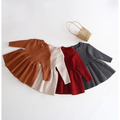 0-5Y Autumn Winter Kids Baby Girls Tops Sweater Dress Solid Long Sleeve Knit A-Line Dress Tops 3 Colors