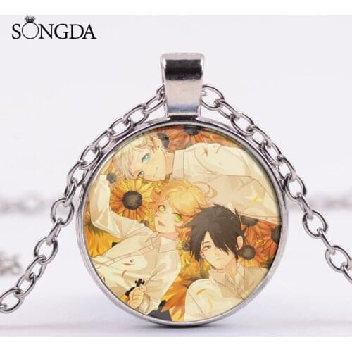 Roantic Emma Cartoon Printed Glass Gem Pendant Necklace Anime The Promised Neverland Series Jewelry Student Graduate Gift