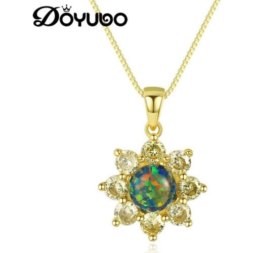 DOYUBO Luxury 925 Sterling Silver Olive Green Flower Opal Pendant Necklace Women CZ Charms Chain Fashion Wedding Jewelry VA240