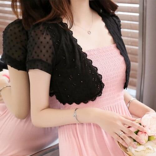 2021 Women Lace Shrug Shawl Short Sleeve Short Crop Tops Chiffon Blouse Transparent See Through Sun Proof Outwear
