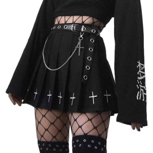 Women Punk Cross Embroidery Black Mini Pleated Skater Skirt Ruffle High Waist A-Line Dark Gothic Harajuku Bottoms Streetwear wit