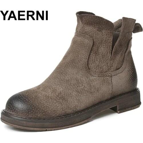 YAERNI Genuine Leather Women Boots Winter Warm Flats Heel Plus size Short Mar Ankle Boots Brand Females Casual Shoes E638