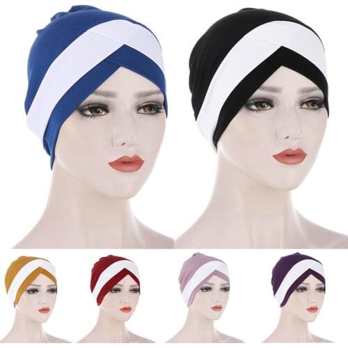 Women Stretchy Turban Hat Western Style Cross Head Wrap Cotton Hijab Cap Solid Color Soft Headscarf Fashion Muslim Hats Scarf